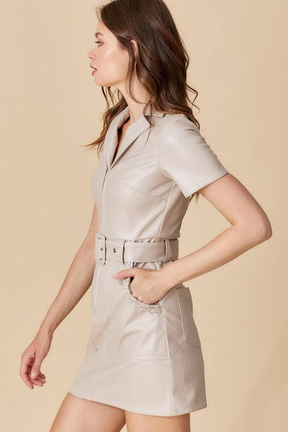 faux leather belted short sleeve zipper dress - alomfejto