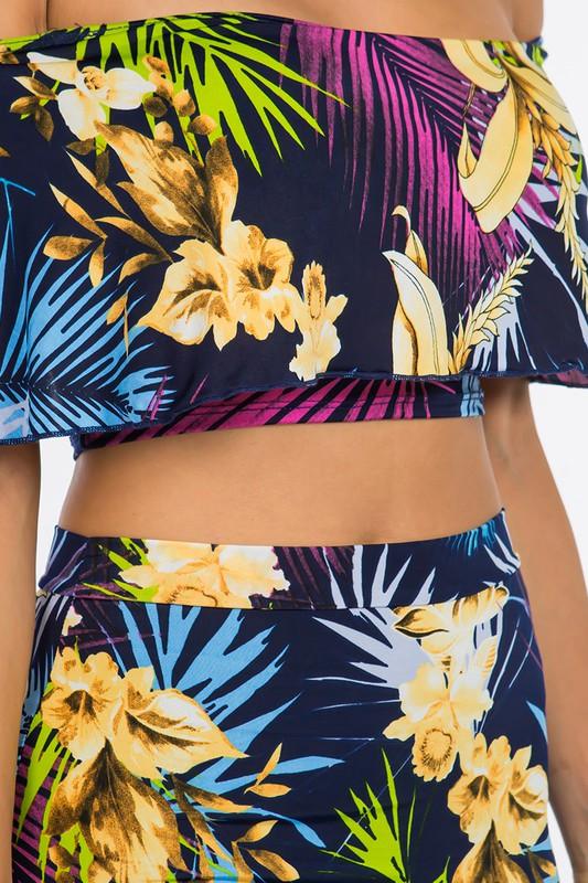 2pc set- tropical print off the shoulder tube top & midi skirt