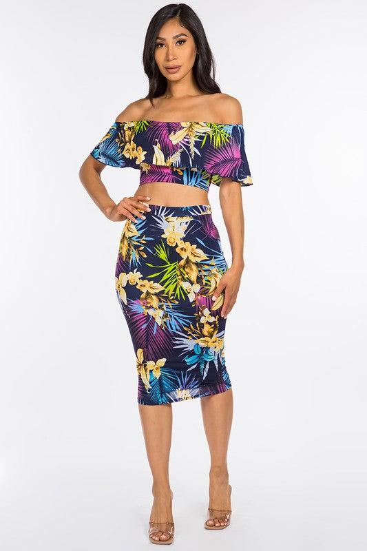 2pc set- tropical print off the shoulder tube top & midi skirt - RK Collections Boutique