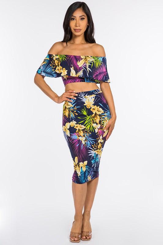 2pc set- tropical print off the shoulder tube top & midi skirt