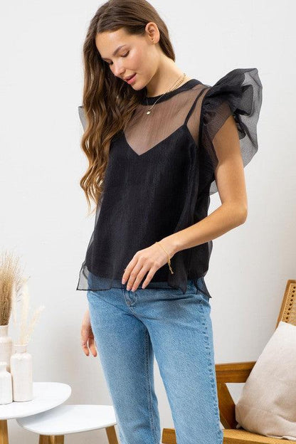 sheer organza ruffle shoulder with cami - RK Collections Boutique