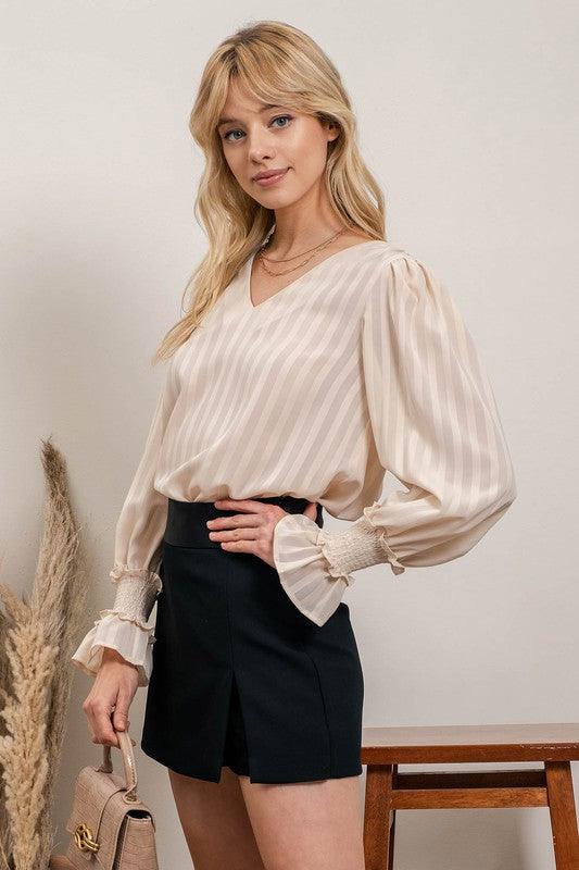 long sleeve v-neck tonal stripe blouse - RK Collections Boutique