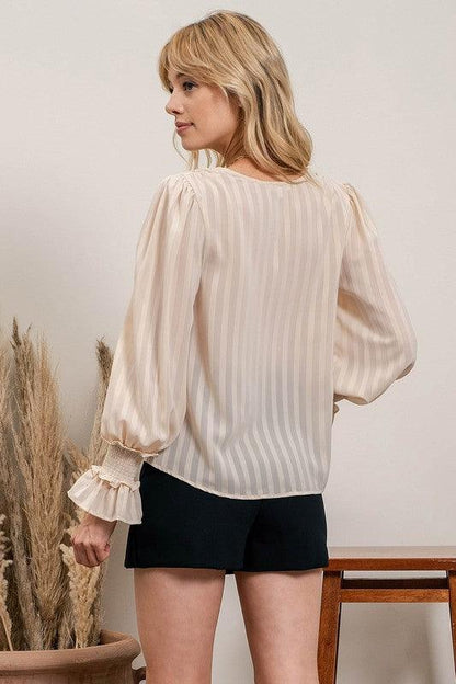 long sleeve v-neck tonal stripe blouse - RK Collections Boutique