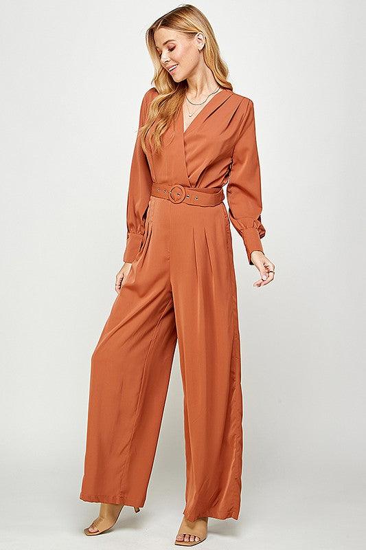 Long Sleeve Jumpsuit with Tucked Pleats Shoulder Detail