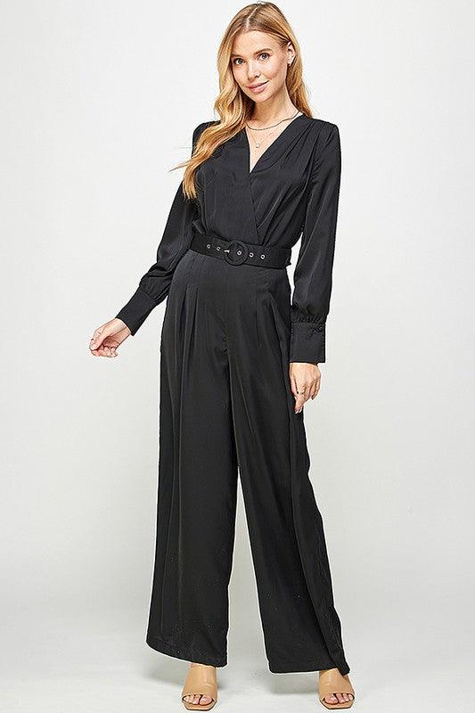 Long Sleeve Jumpsuit with Tucked Pleats Shoulder Detail - alomfejto