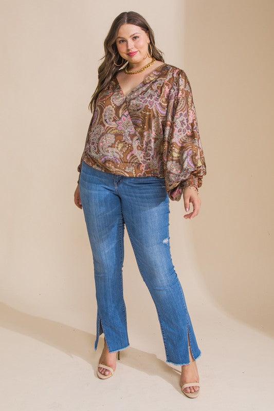 PLUS long sleeve printed satin surplice top - RK Collections Boutique