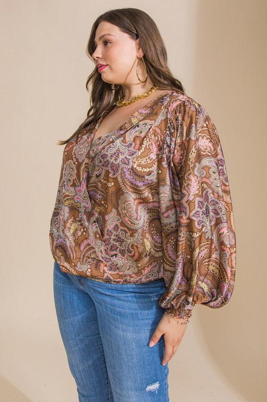 PLUS long sleeve printed satin surplice top - RK Collections Boutique