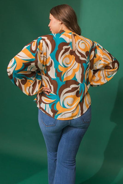 retro print high neck balloon sleeve blouse - RK Collections Boutique