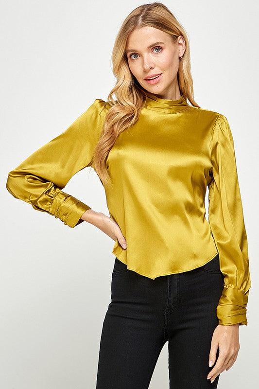 open tie back mock neck satin top - RK Collections Boutique