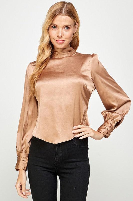open tie back mock neck satin top - RK Collections Boutique