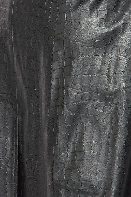 crocodile embossed faux leather trench coat
