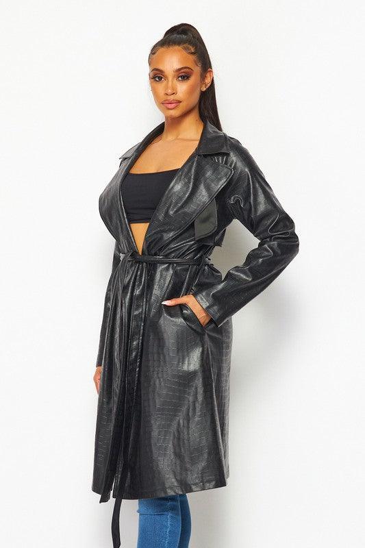 crocodile embossed faux leather trench coat