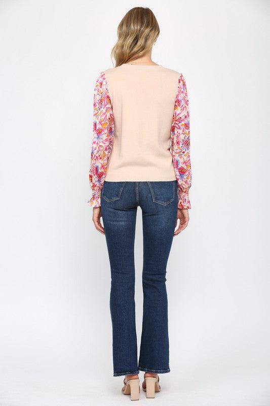 floral sleeve woven sweater