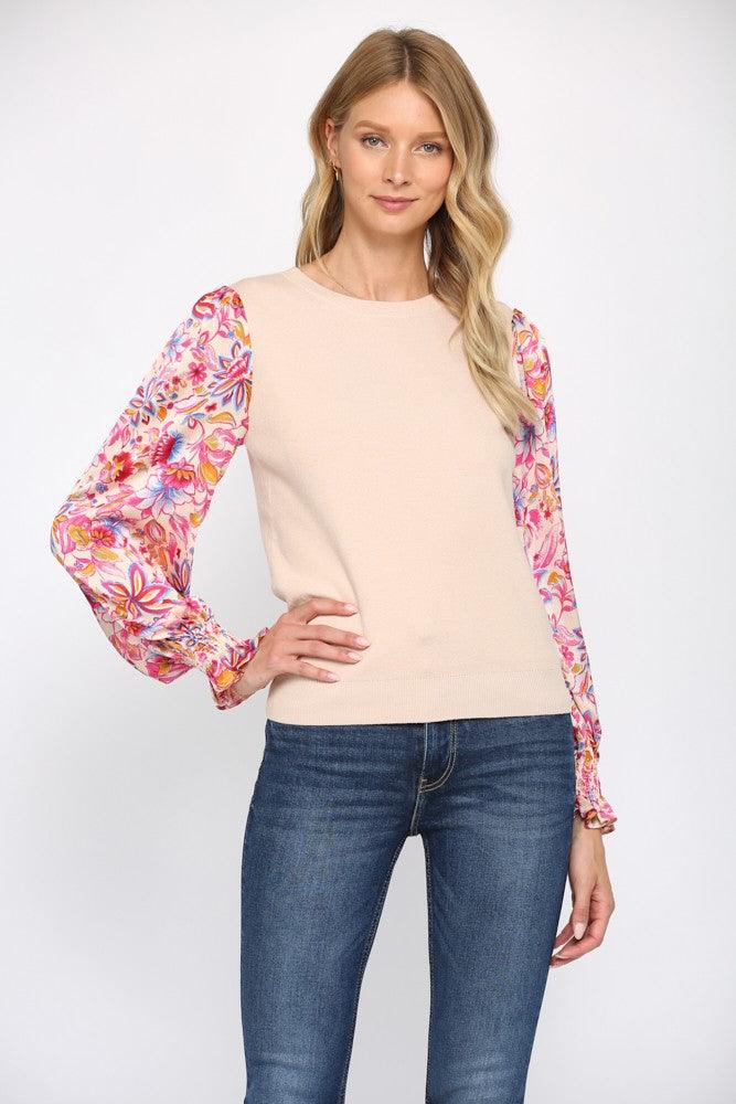 floral sleeve woven sweater