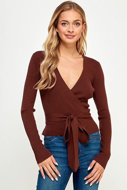 ribbed V-neck surplice sweater top w/tie - RK Collections Boutique