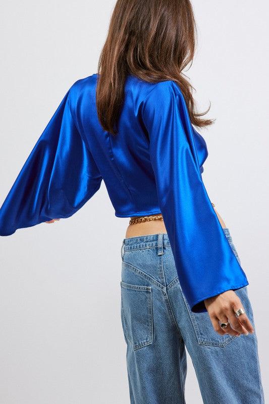 kimono sleeve twist front satin top - RK Collections Boutique