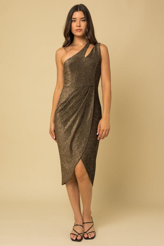 lurex metallic one shoulder midi dress
