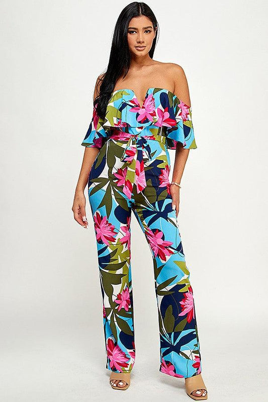 notched layered off the shoulder tropical jumpsuit - alomfejto