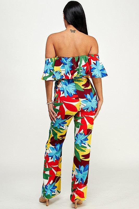 notched layered off the shoulder tropical jumpsuit