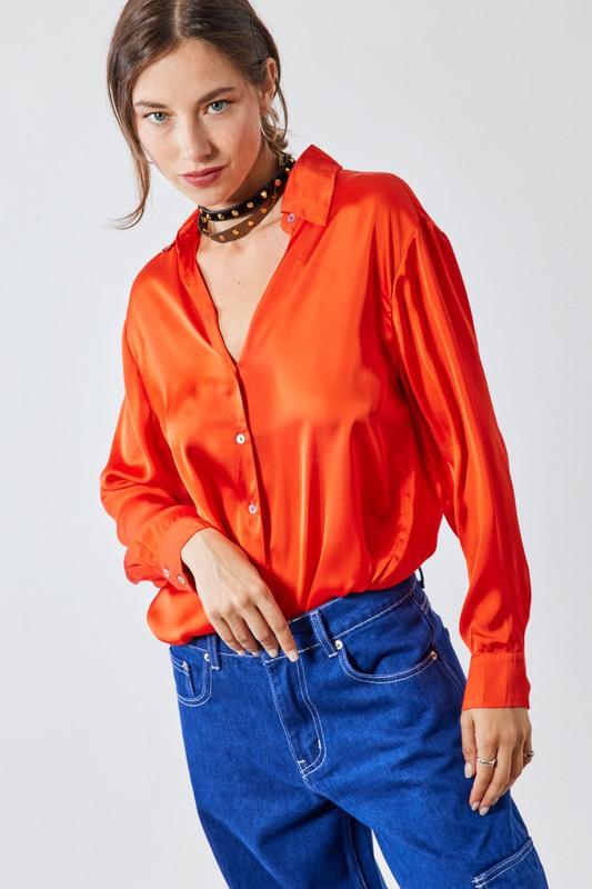 satin collared button down top - RK Collections Boutique