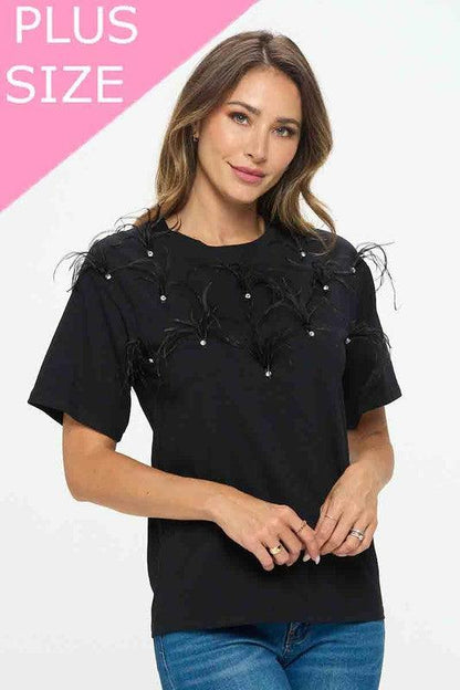 PLUS feather & rhinestone embellished t-shirt - RK Collections Boutique