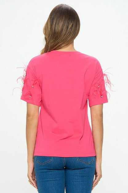 feather & rhinestone embellished sleeve t-shirt - RK Collections Boutique