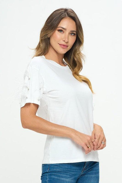 feather & rhinestone embellished sleeve t-shirt - RK Collections Boutique