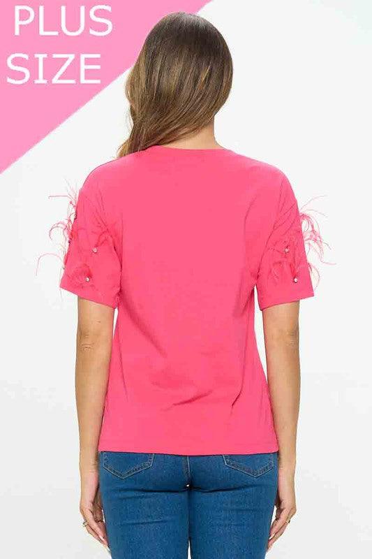 PLUS feather & rhinestone embellished sleeve t-shirt - RK Collections Boutique