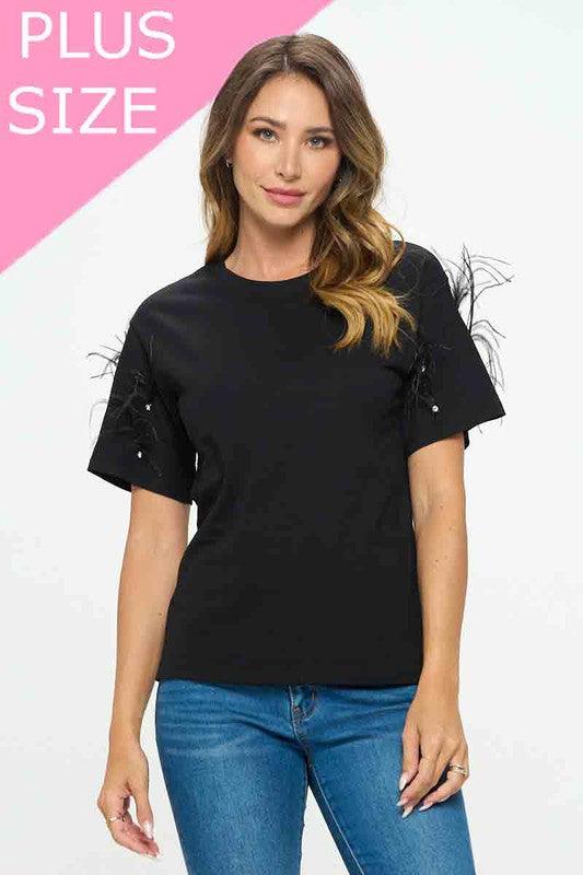 PLUS feather & rhinestone embellished sleeve t-shirt - RK Collections Boutique