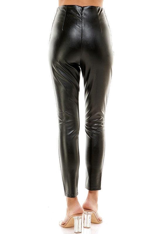 rhinestone side stripe faux leather skinny pants