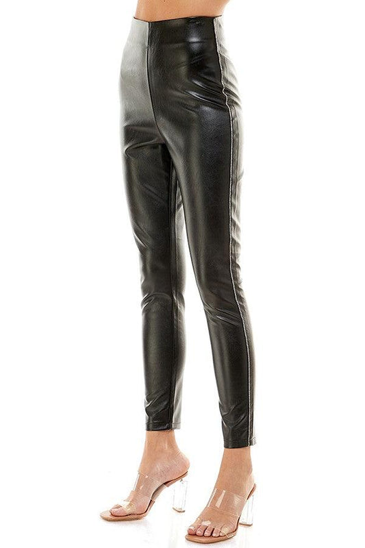rhinestone side stripe faux leather skinny pants - alomfejto
