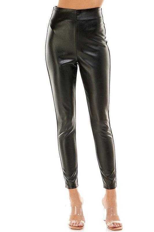 rhinestone side stripe faux leather skinny pants - RK Collections Boutique