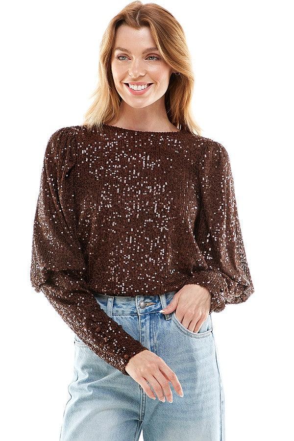 balloon sleeve sequin long sleeve top - RK Collections Boutique