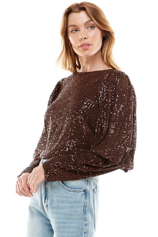 balloon sleeve sequin long sleeve top - RK Collections Boutique