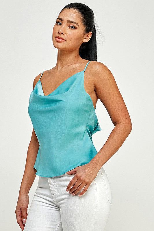 satin cowl neck tank top w/ tie back - RK Collections Boutique