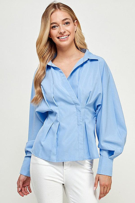 long sleeve pleated waist button down blouse - alomfejto