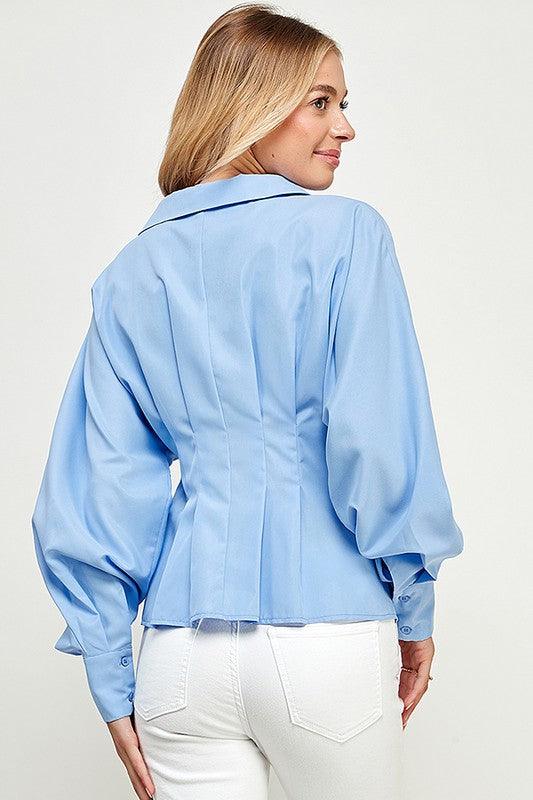 long sleeve pleated waist button down blouse