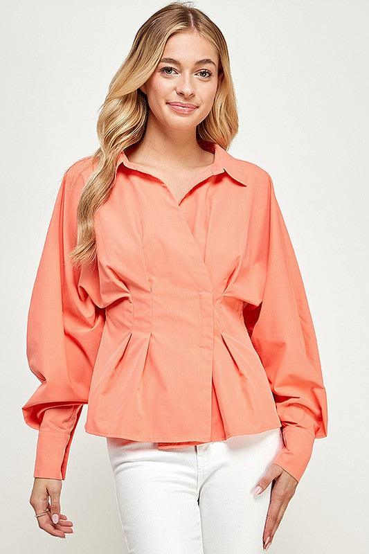 long sleeve pleated waist button down blouse