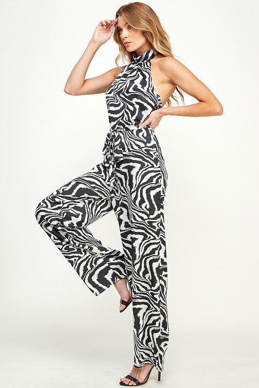 wavy printed sleeveless halter jumpsuit - RK Collections Boutique