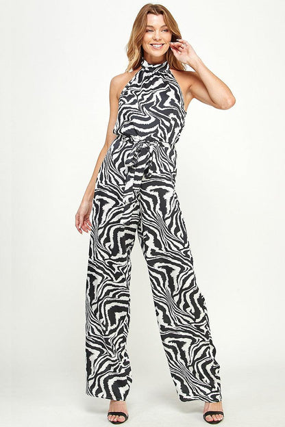 wavy printed sleeveless halter jumpsuit - RK Collections Boutique