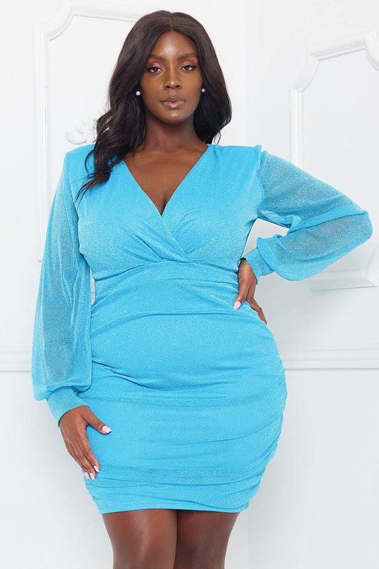 PLUS glitter ruched long sleeve surplice dress - RK Collections Boutique