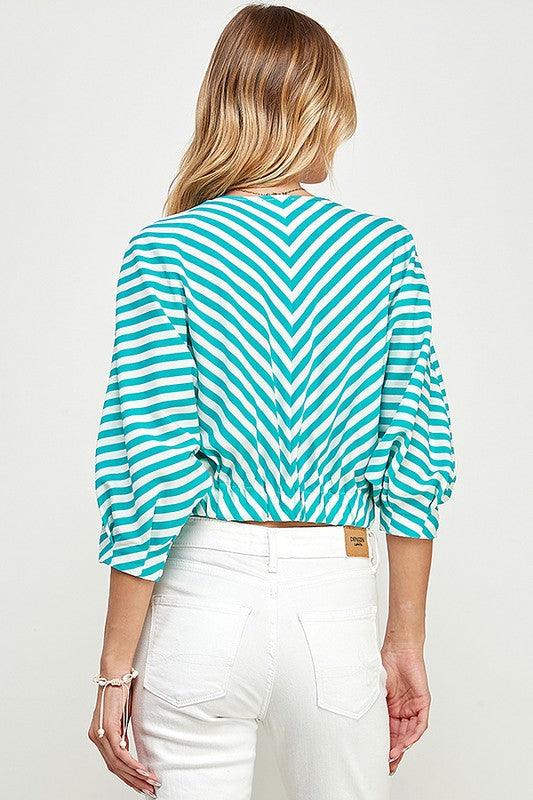 Striped 3/4 Sleeve Top with Front Knot Detail - RK Collections Boutique