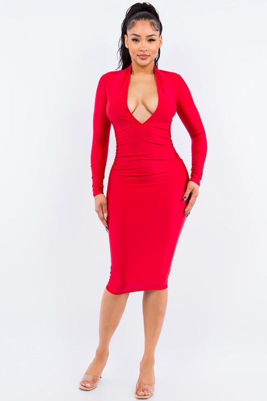 Side Ruched V Neck Midi Dress - alomfejto