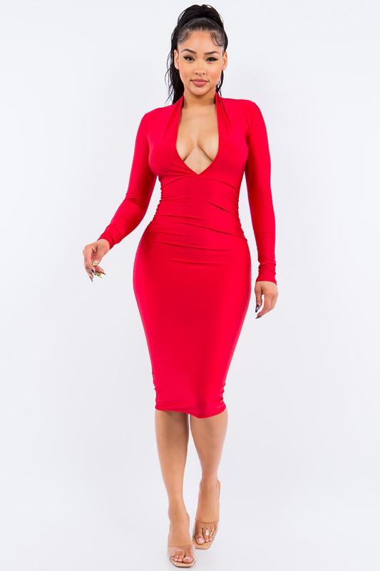 Side Ruched V Neck Midi Dress - alomfejto