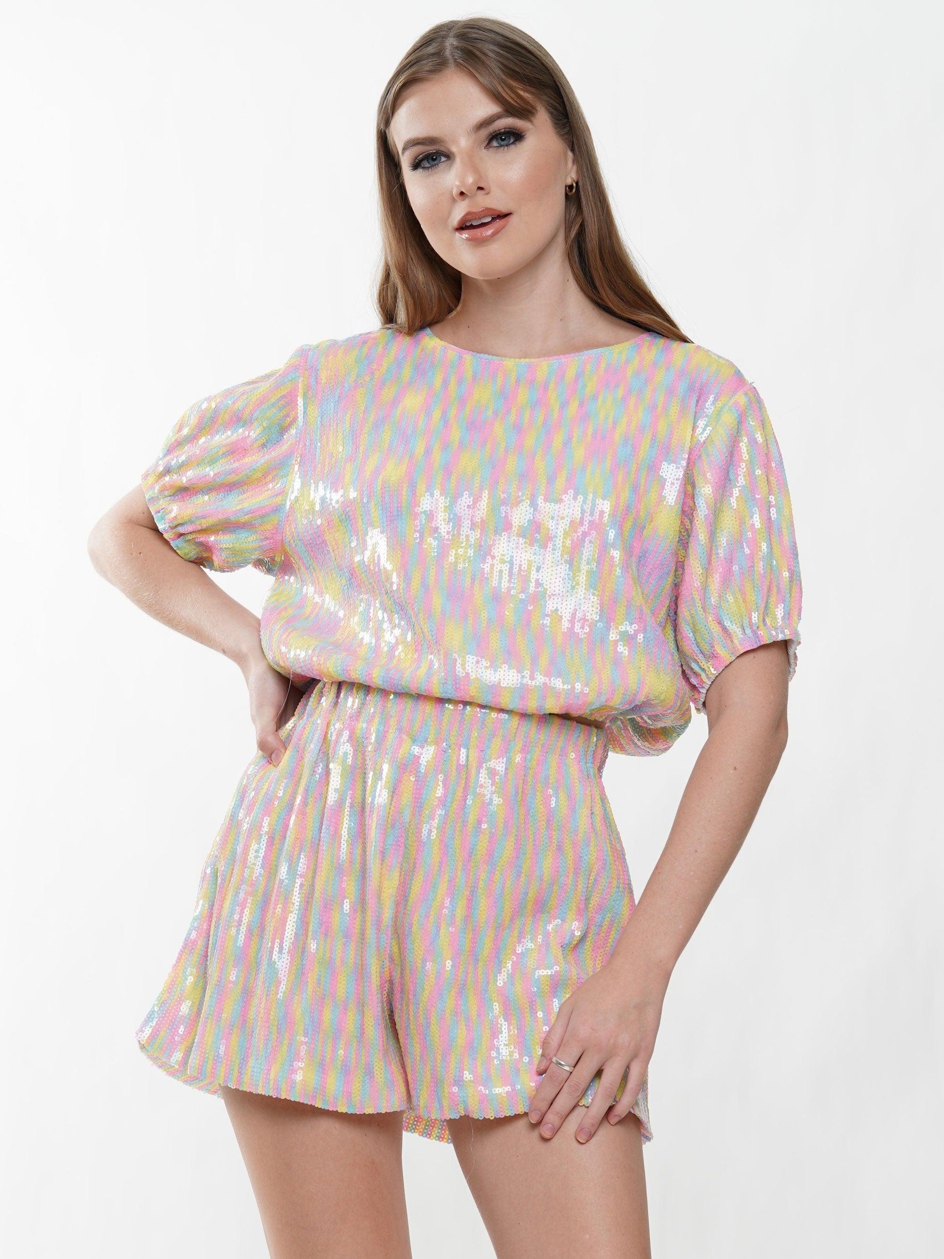 rainbow sequin short sleeve top - RK Collections Boutique
