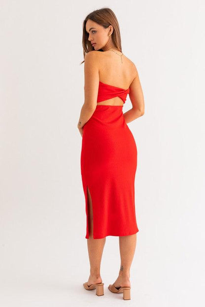 strapless twist front midi dress w/side slit - RK Collections Boutique