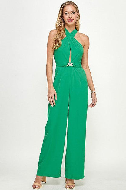 keyhole cross over halter sleeveless jumpsuit - RK Collections Boutique