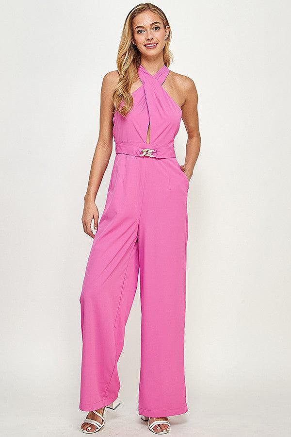 keyhole cross over halter sleeveless jumpsuit - RK Collections Boutique