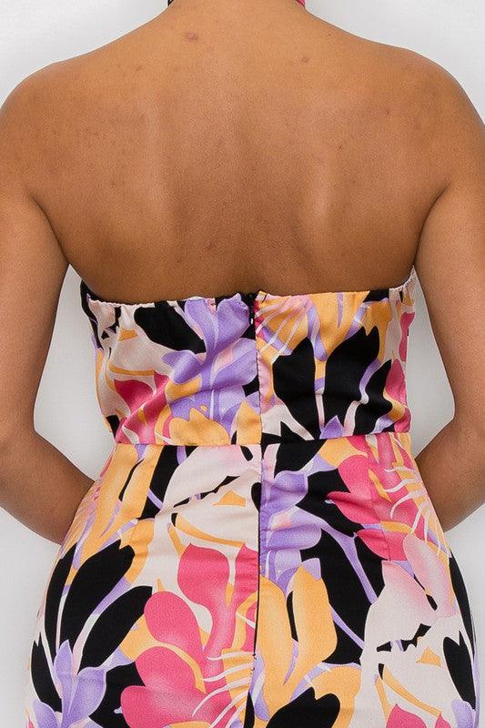 leaf print satin halter neck sleeveless dress - RK Collections Boutique