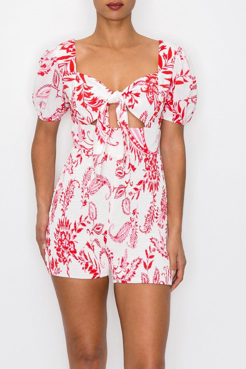 leafy vine print cutout tie front smocked romper - RK Collections Boutique
